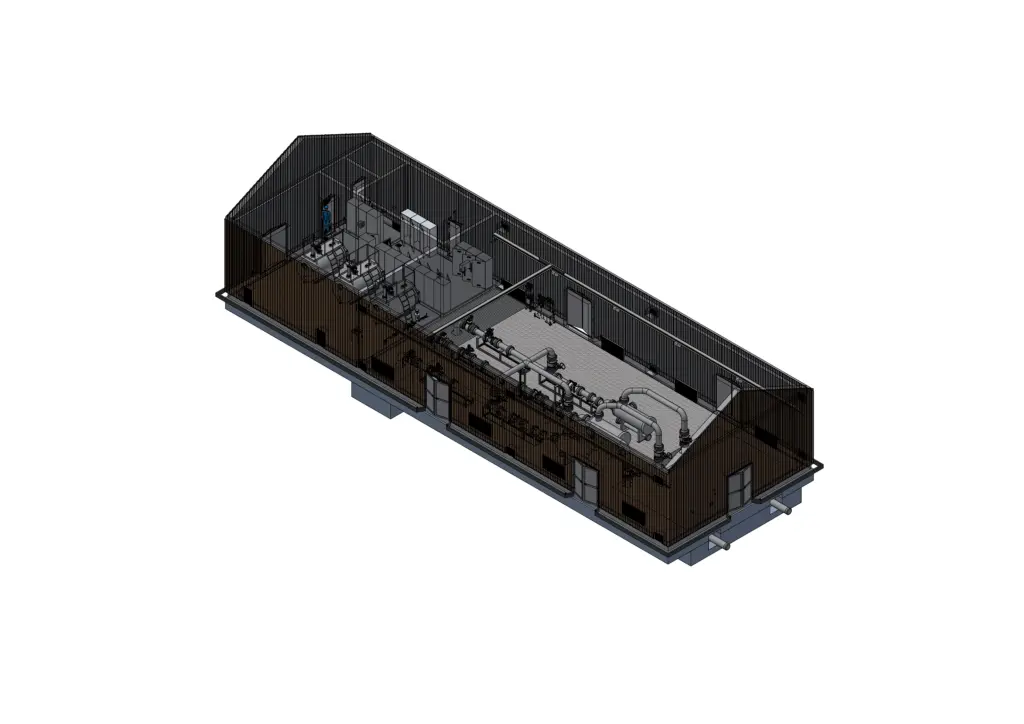 3D-Rendering eines langen, dunklen Industriegebäudes mit sichtbaren Rohrleitungen und Anlagen im Innenraum.