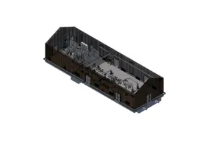 3D-Rendering eines langen, dunklen Industriegebäudes mit sichtbaren Rohrleitungen und Anlagen im Innenraum.