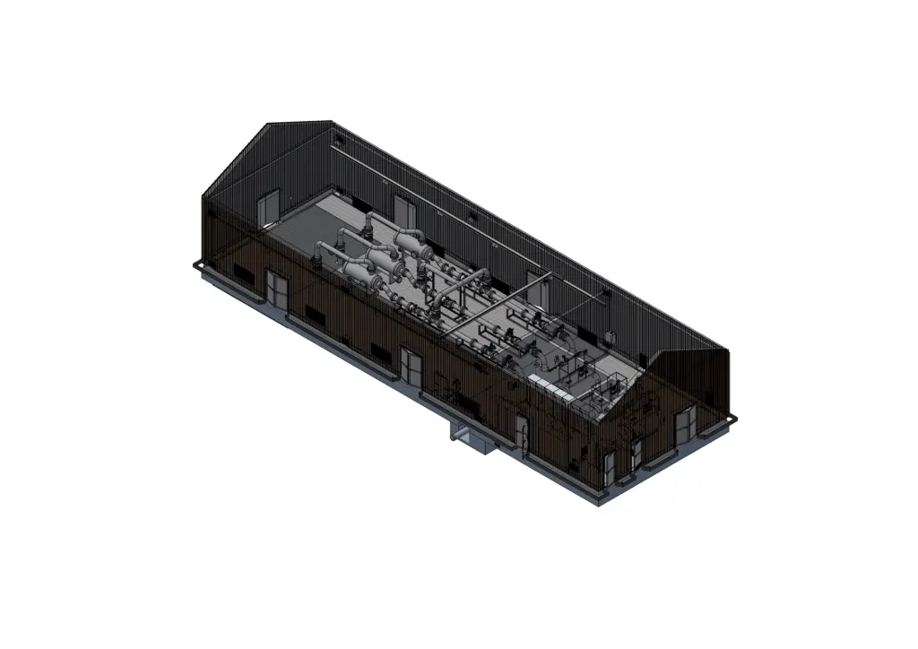 3D-Modell eines rechteckigen Industriegebäudes, das die Innenausstattung und Maschinen zeigt, aus einem schrägen Blickwinkel betrachtet.
