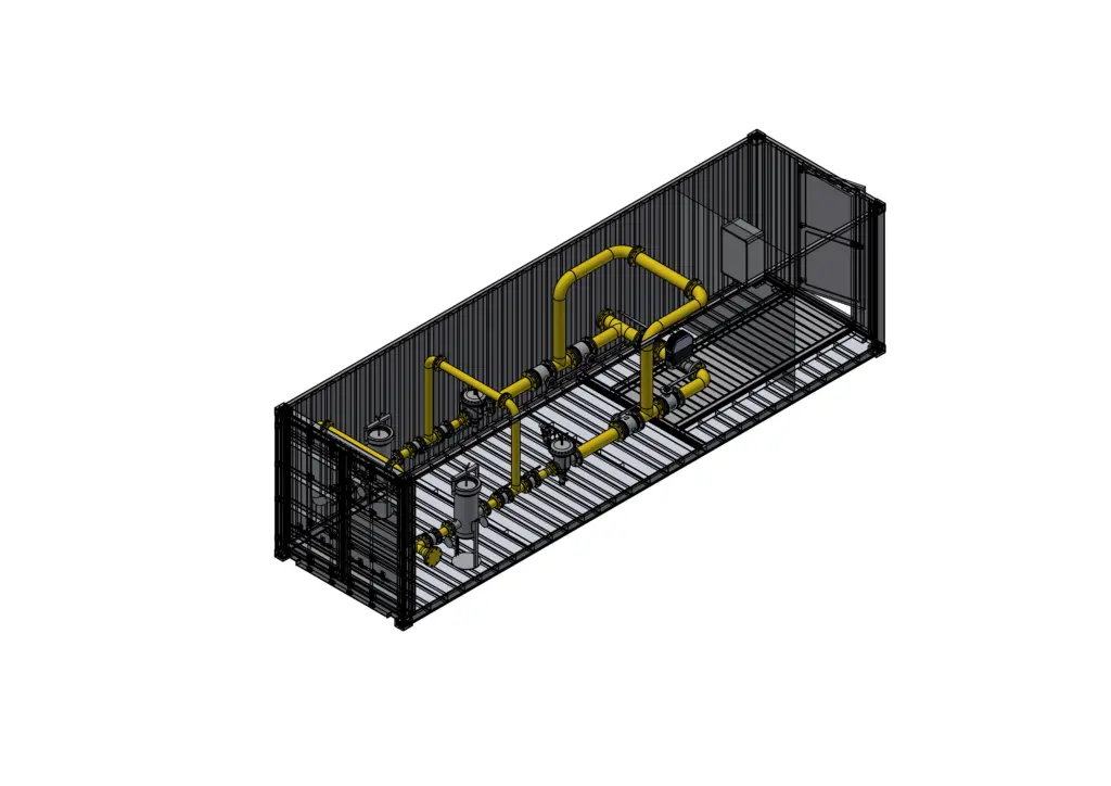 3D-Modell eines Industriecontainers mit gelben Rohren, Tanks und Anlagen innerhalb eines Metallrahmens.