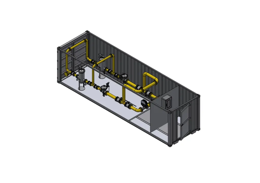 3D-Modell eines Industriecontainers mit gelben Rohren, Messgeräten und Ausrüstung im Inneren.