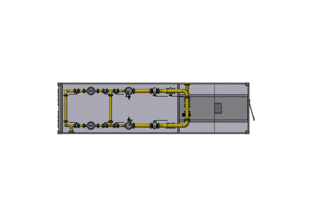 Draufsicht auf ein rechteckiges mechanisches System mit gelben Rohrleitungen und grauem Hintergrund.