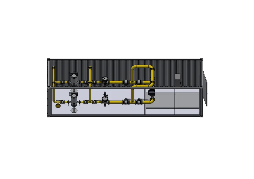 Industrielles Gasleitungssystem mit gelben Rohren und Messgeräten, die in einem grauen Metallgehäuse untergebracht sind.