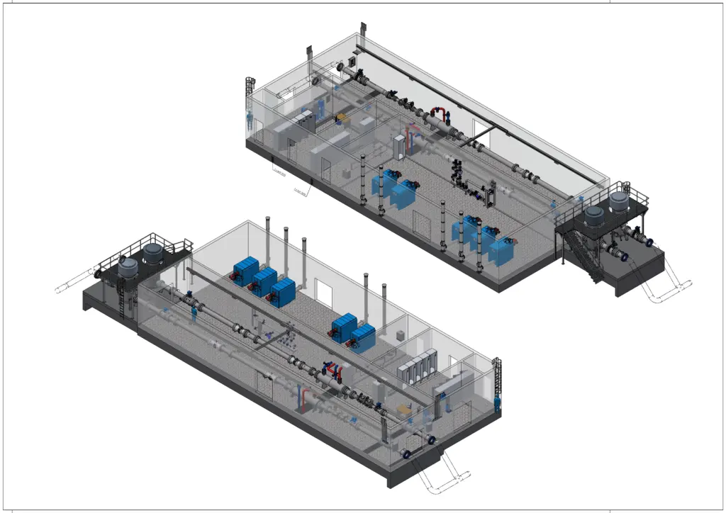 Isometrische Darstellungen von zwei Anlagenlayouts, auf denen Anlagen, Tanks, Rohrleitungen und Maschinen zu sehen sind.
