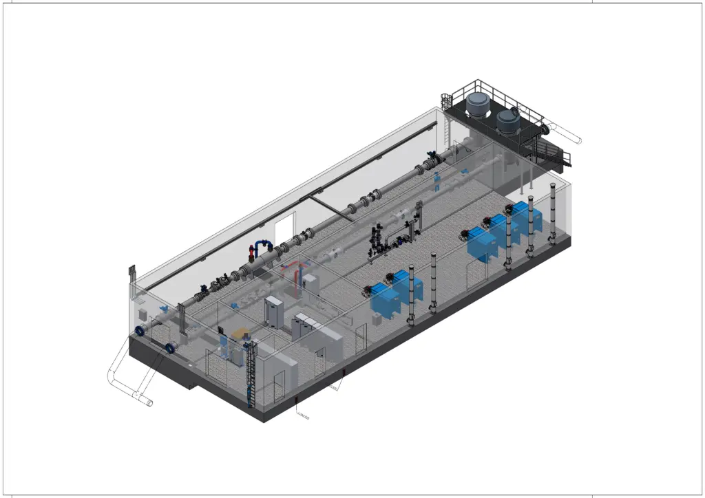 3D-Darstellung einer Industrieanlage mit Tanks, Rohrleitungen, Maschinen und Laufstegen innerhalb eines großen Gebäudes.