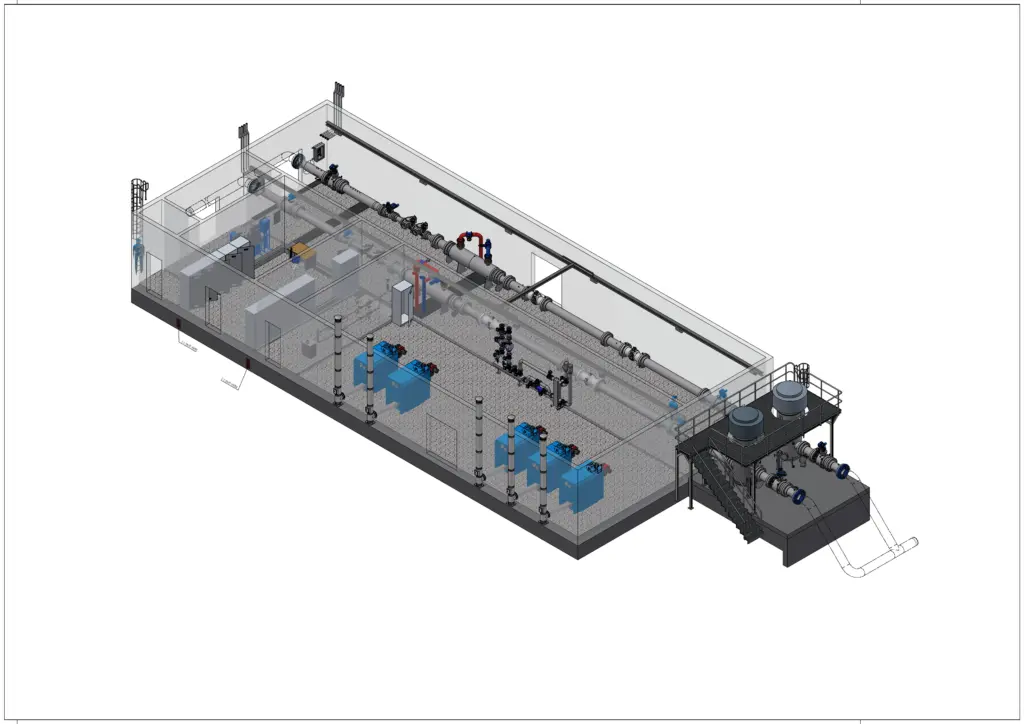 3D-Rendering einer Industrieanlage mit Maschinen, Tanks und Ausrüstung im Inneren eines großen rechteckigen Gebäudes.