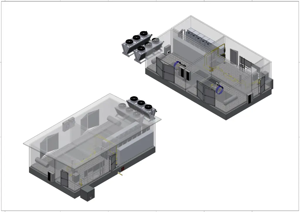Zwei transparente Gebäudepläne zeigen HLK-Anlagen, Lüftungsgeräte und die interne Raumaufteilung in detaillierter 3D-Darstellung.