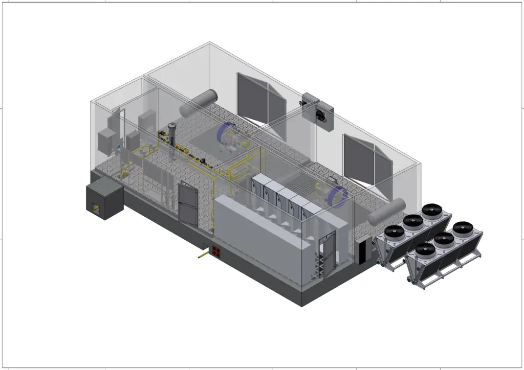 3D-Rendering eines Industriegebäudes mit HLK-Anlagen, Rohrleitungen, großen Ventilatoren und verschiedenen Geräten im Inneren.