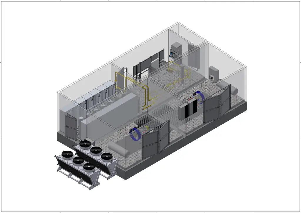 3D-Darstellung eines Rechenzentrumsraums mit HLK-Anlagen, Server-Racks und elektrischen Geräten.
