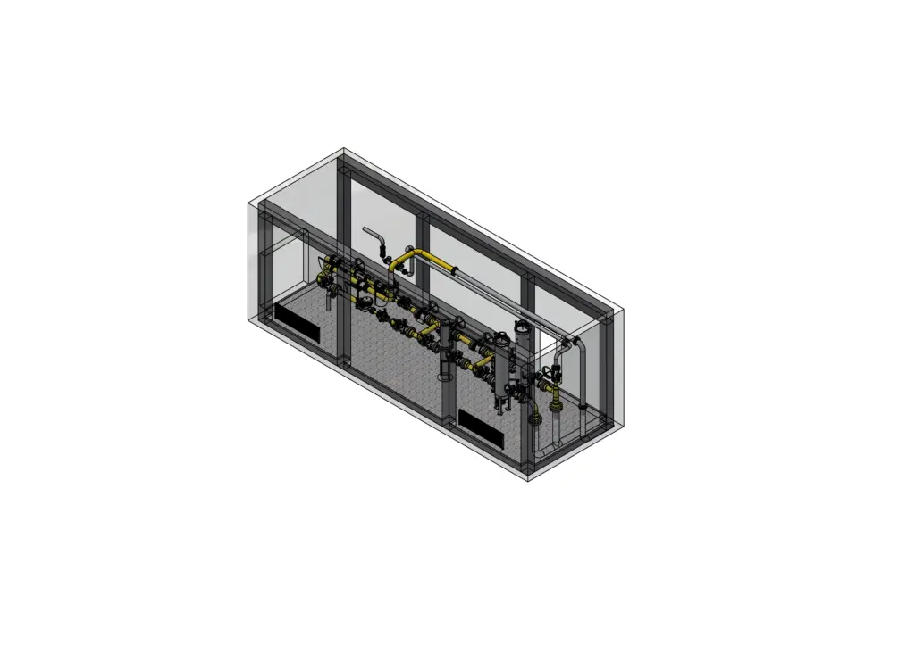 3D-Modell eines industriellen Rohrleitungssystems in einem transparenten, rechteckigen Gehäuse.