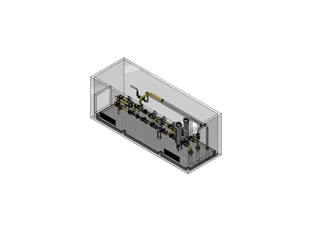 3D-Modell eines industriellen Gasleitungssystems, das in einem transparenten, rechteckigen Behälter untergebracht ist.