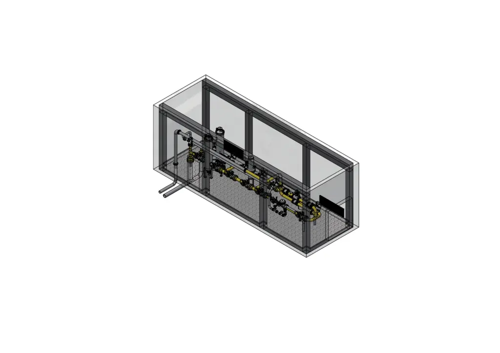 3D-Modell einer Industriegas-Schalttafel mit Rohrleitungen und Ventilen in einem transparenten, rechteckigen Gehäuse.