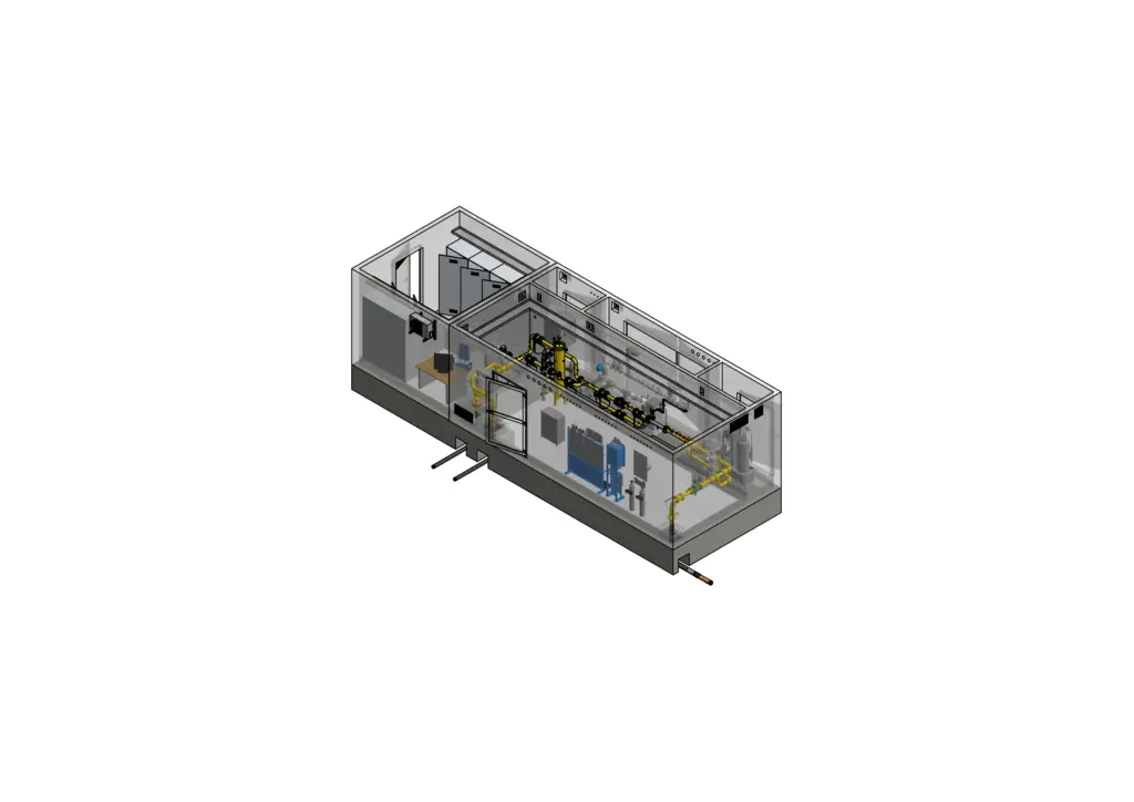 3D-Rendering eines Industriecontainers mit Innenausstattung, aus einer schrägen Perspektive betrachtet.