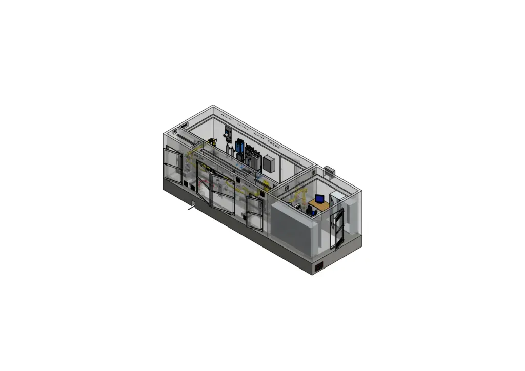 3D-Darstellung eines Raums mit Schreibtischen, Stühlen, Computern und Regalen, aus isometrischer Perspektive betrachtet.