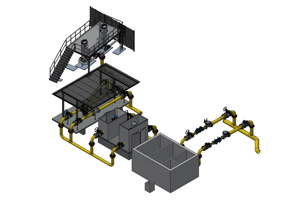3D-Darstellung einer industriellen Wasseraufbereitungsanlage mit Rohrleitungen, Behältern und einem Laufsteg.