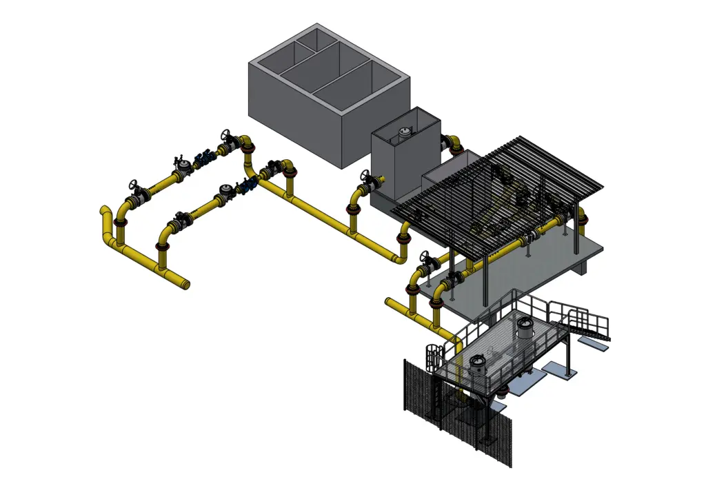 3D-Modell einer Industrieanlage mit gelben Rohren, Tanks und Plattformen, die durch Laufstege miteinander verbunden sind.