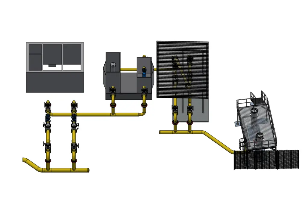 Schematische Darstellung eines industriellen Rohrleitungssystems mit Behältern, Ventilen und Plattformen, von oben betrachtet auf weißem Hintergrund.