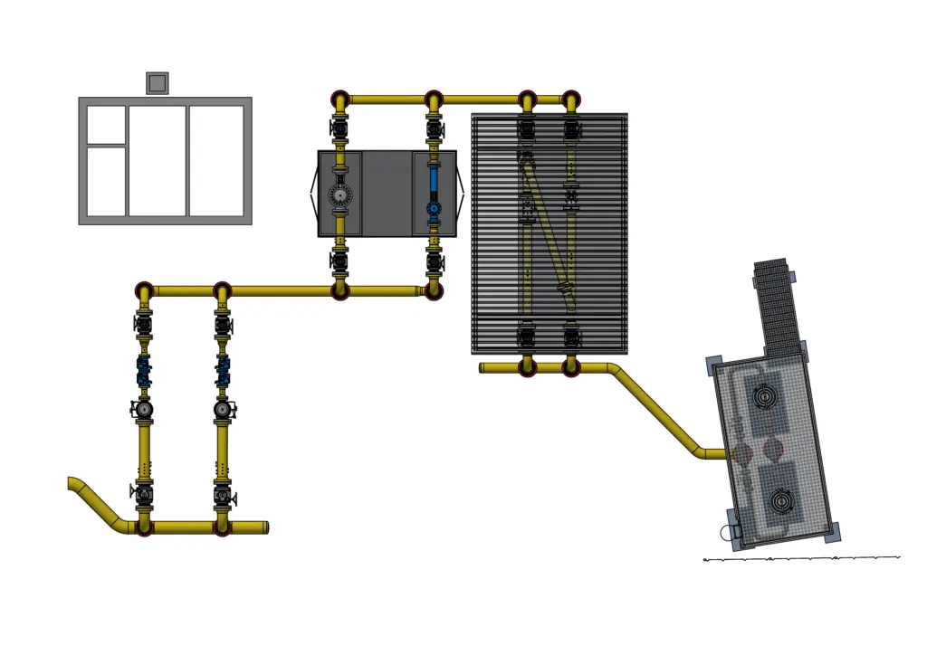 Industrielles Schema mit Rohrleitungen, Ventilen, Tanks und Anlagen in einer Anordnung, von oben betrachtet.