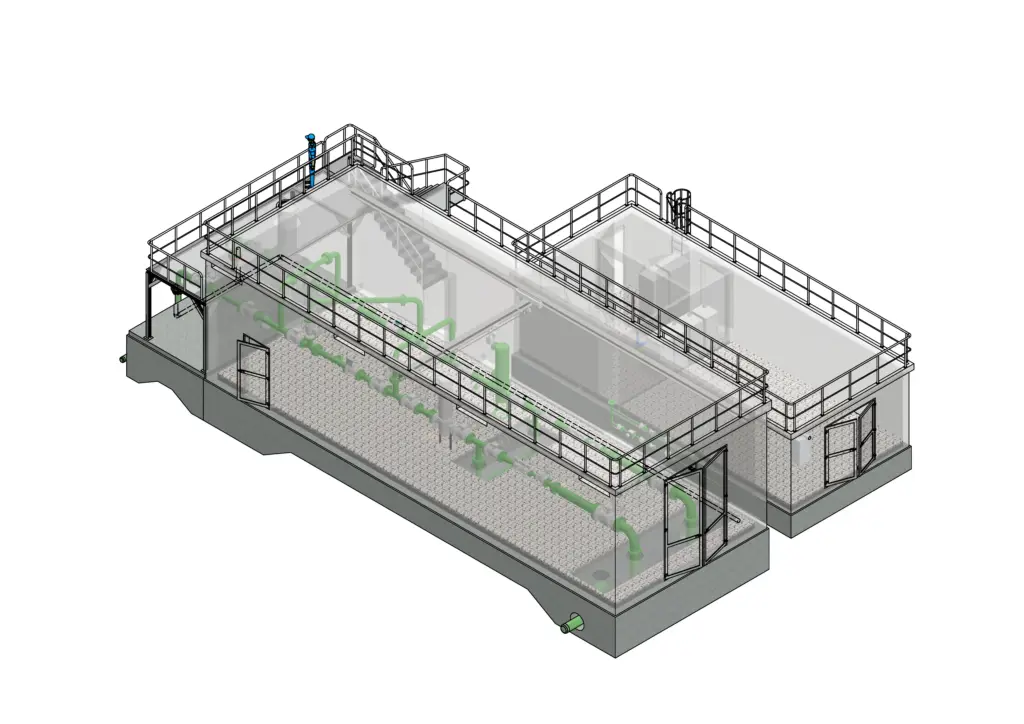 3D-Modell eines Industriegebäudes mit sichtbaren Rohrleitungen, Treppen und Geländern, teilweise aufgeschnittene Ansicht.