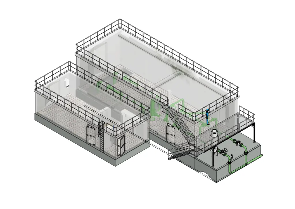 3D-Modell eines zweistöckigen Industriegebäudes mit freiliegenden Treppen, Geländern, Rohrleitungen und Anlagen.