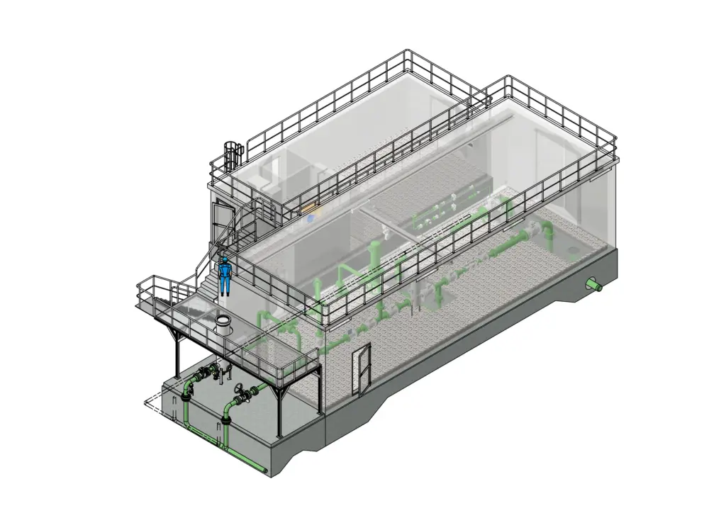3D-Schnittansicht eines Industriegebäudes, in der Rohrleitungen, Anlagen, Treppen und Geländer zu sehen sind.