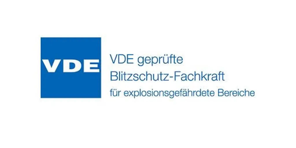 VDE-Logo mit deutschem Text zum zertifizierten Blitzschutz für explosionsgefährdete Bereiche.
